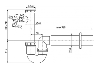 Сифон для мойки AlcaPlast трубчатый с накидной гайкой 6/4" и подводкой A81-DN50